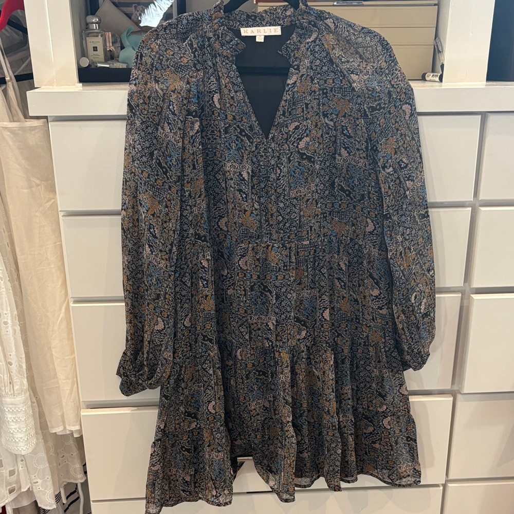 KARLIE Navy Patterned Dress Sz M